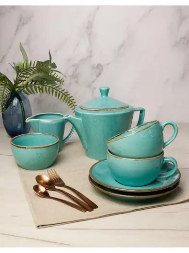 Чайный сервиз Porland Seasons, бирюзовый, на 2 персоны (Кружка 200 мл - 2 шт; Блюдце 16 см - 2 шт; Чайник 500 мл - 1 шт; Молочник 150 мл; Сахарница 210 мл)