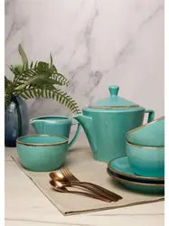 Чайный сервиз Porland Seasons, бирюзовый, на 2 персоны (Кружка 200 мл - 2 шт; Блюдце 16 см - 2 шт; Чайник 500 мл - 1 шт; Молочник 150 мл; Сахарница 210 мл)