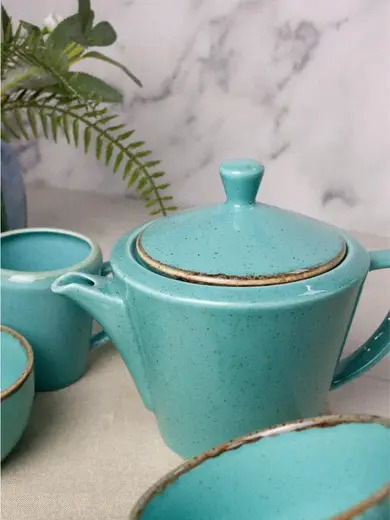 Чайный сервиз Porland Seasons, бирюзовый, на 2 персоны (Кружка 200 мл - 2 шт; Блюдце 16 см - 2 шт; Чайник 500 мл - 1 шт; Молочник 150 мл; Сахарница 210 мл)