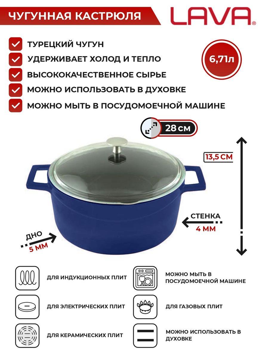 Чугунная эмалированная кастрюля со стеклянной крышкой 6,71 л, 28 см, синий